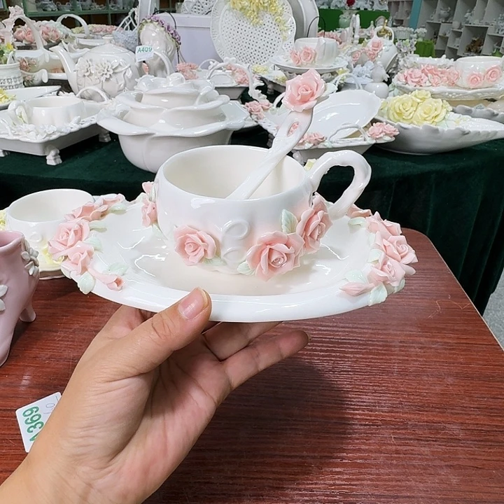 陶瓷玫瑰花咖啡杯套装三件套