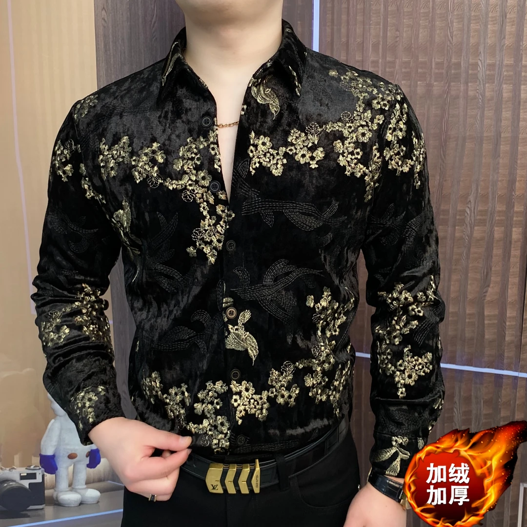 男士长袖休闲衬衣加绒加厚时尚秋冬刺绣衬衫网红百搭潮流CLY-107