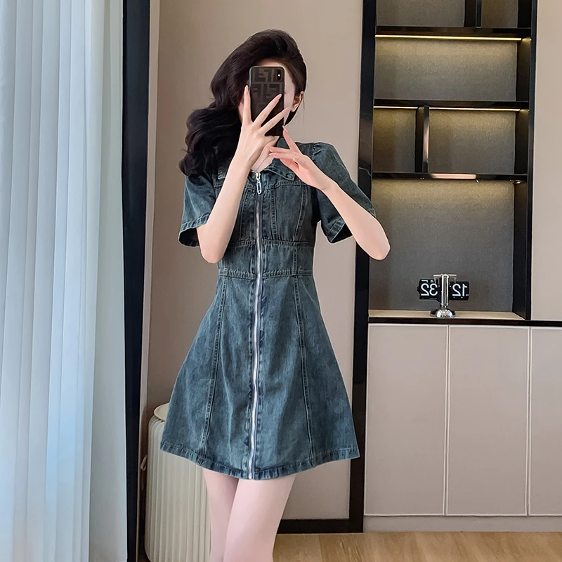 夏季小个子气质显瘦收腰牛仔连衣裙女法式新款时尚修身牛仔短裙子