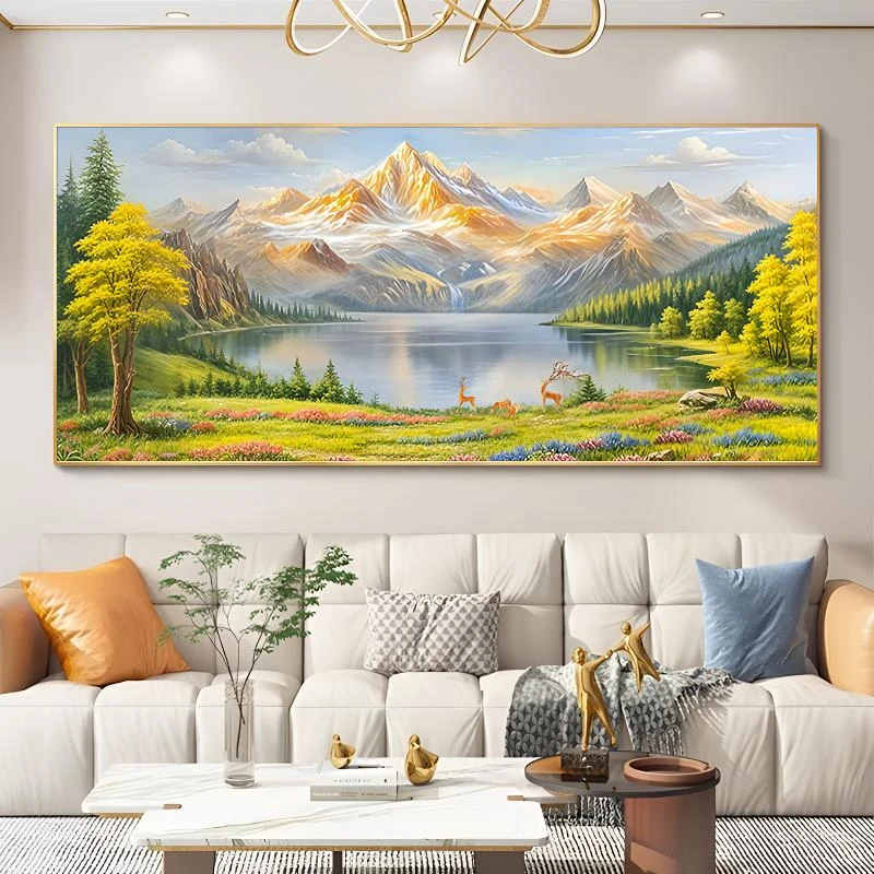 日照金山客厅装饰画山水风景油画横幅画沙发背景墙挂画聚宝盆壁画