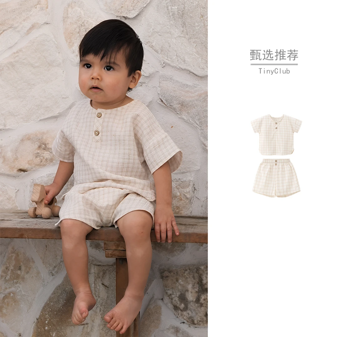 北欧ins风婴童短袖套装2025新款夏纯棉薄款宝宝格子分体衣服夏装