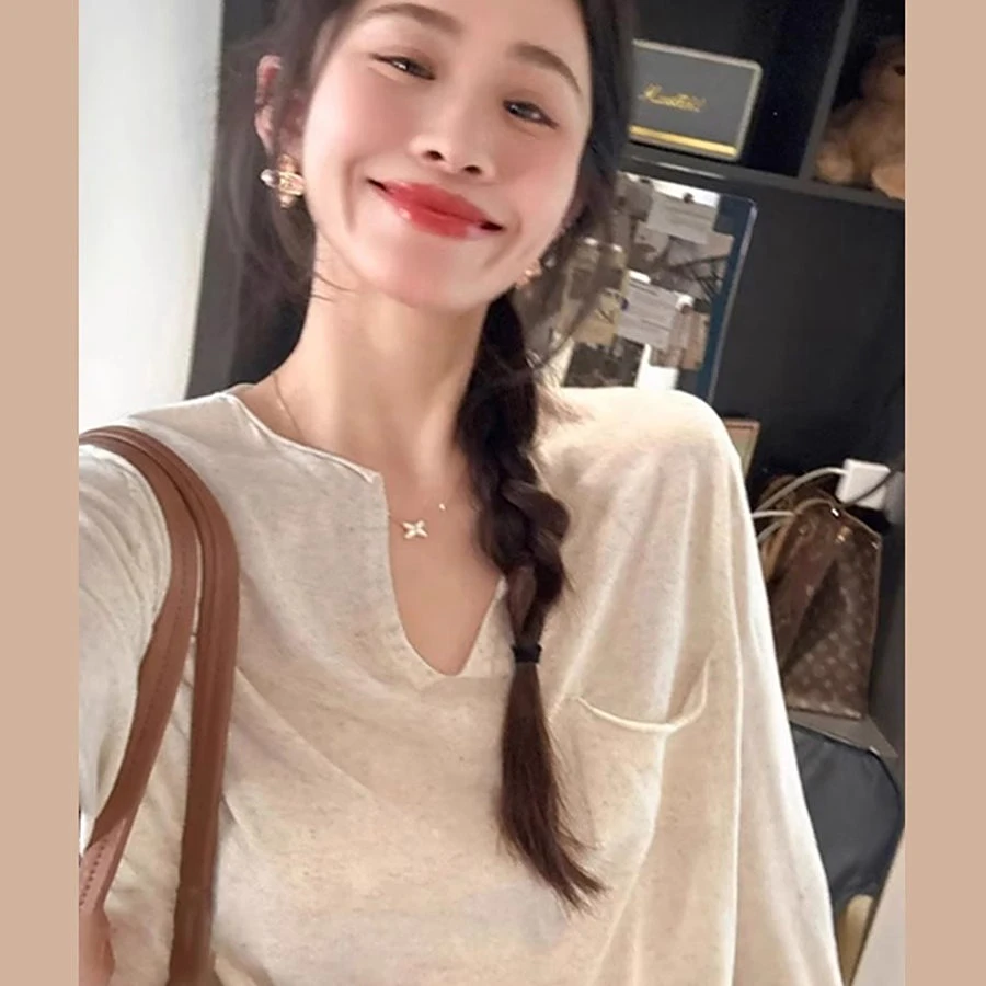 夏季慵懒风设计感v领防晒罩衫女针织上衣早秋早秋慵懒风针织罩衫