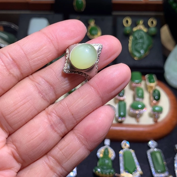 和田玉戒指银S925镶嵌小*菜