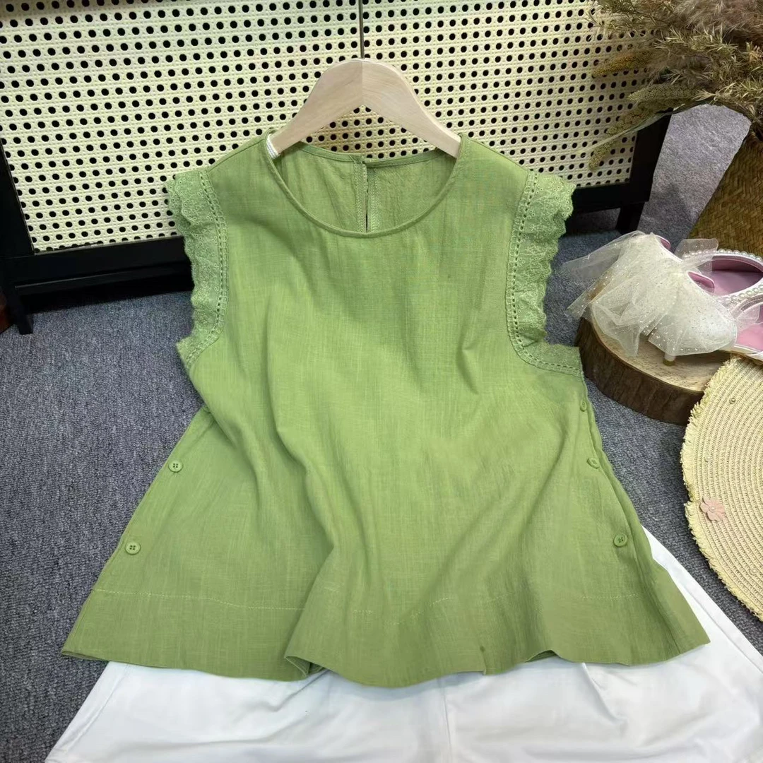 法式拼接木耳边蕾丝宽松小飞袖夏季薄款女士衬衫