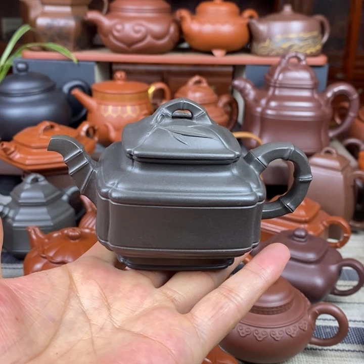 紫砂茶壶四方竹鼓200cc原矿古天青紫砂双十一特价