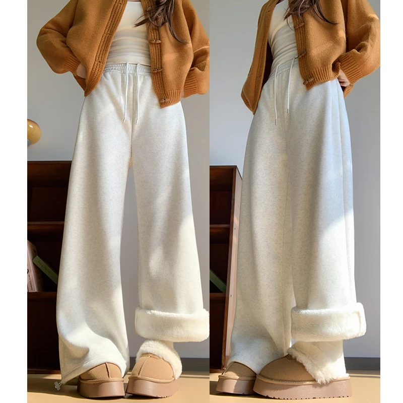 白灰色羊羔绒阔腿裤女秋冬款高腰垂感慵懒软糯休闲百搭加绒运动裤
