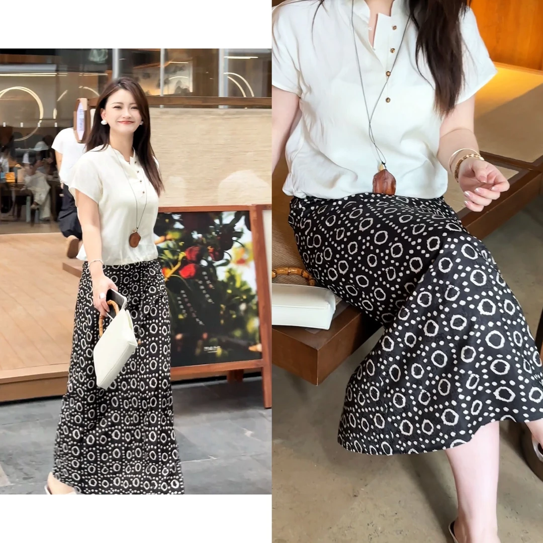 PRASE·杨杨【小春和】微胖轻奢设计夏女后开叉印花直筒半裙PR506S10