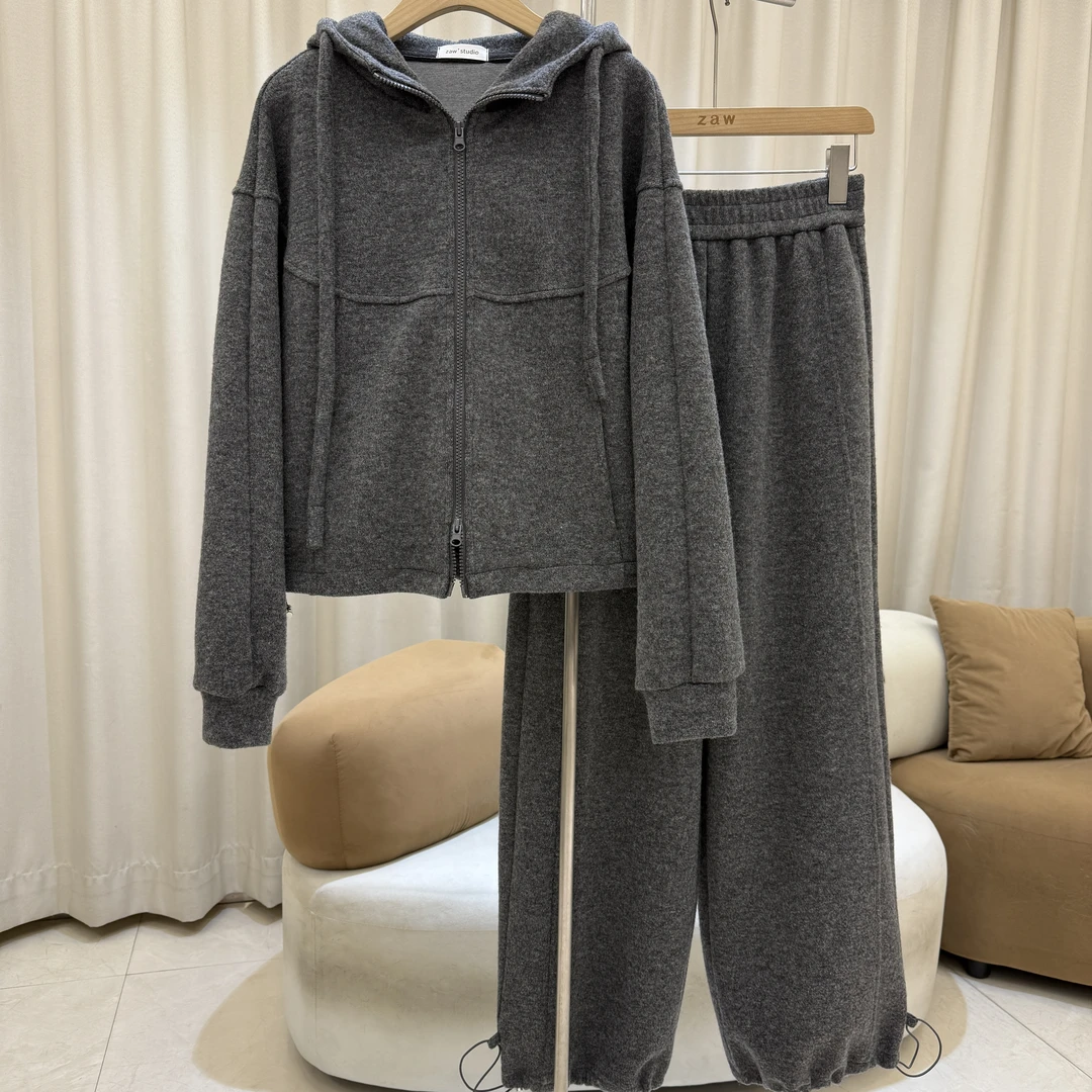 zaw大码宽松连帽拉链卫衣+显瘦遮肉羊毛呢阔腿卫裤休闲套装/25452