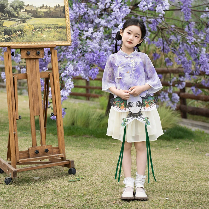 十三余童装[紫藤漫影]国风汉服女童夏装套装刺绣薄款新中式