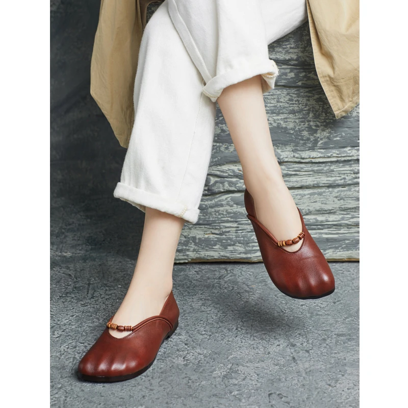 2025春季新款真皮百搭方头平底软皮浅口单鞋复古圆头舒适手工女鞋
