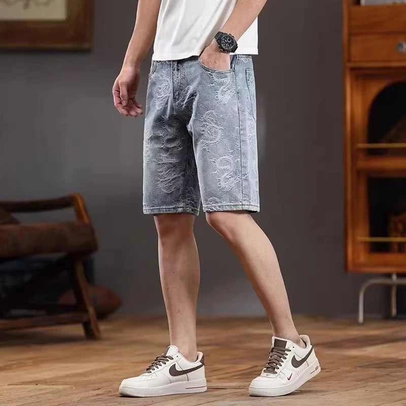 男士潮流五分裤修身直筒百搭中裤子夏季薄款潮流提花日系牛仔短裤