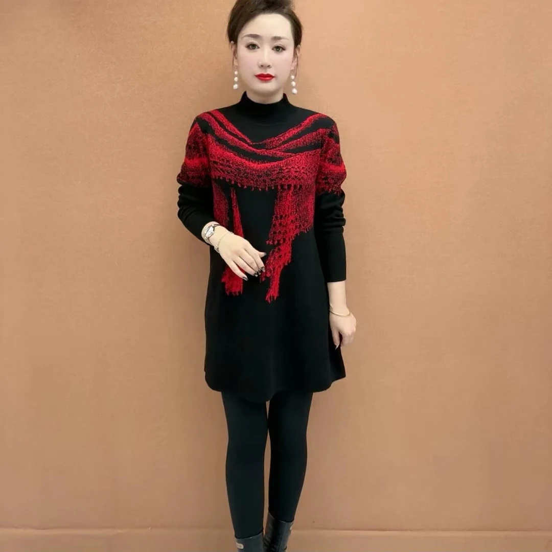 时尚大码针织连衣裙2025春冬新款优雅气质印花显瘦中长款针织毛衣