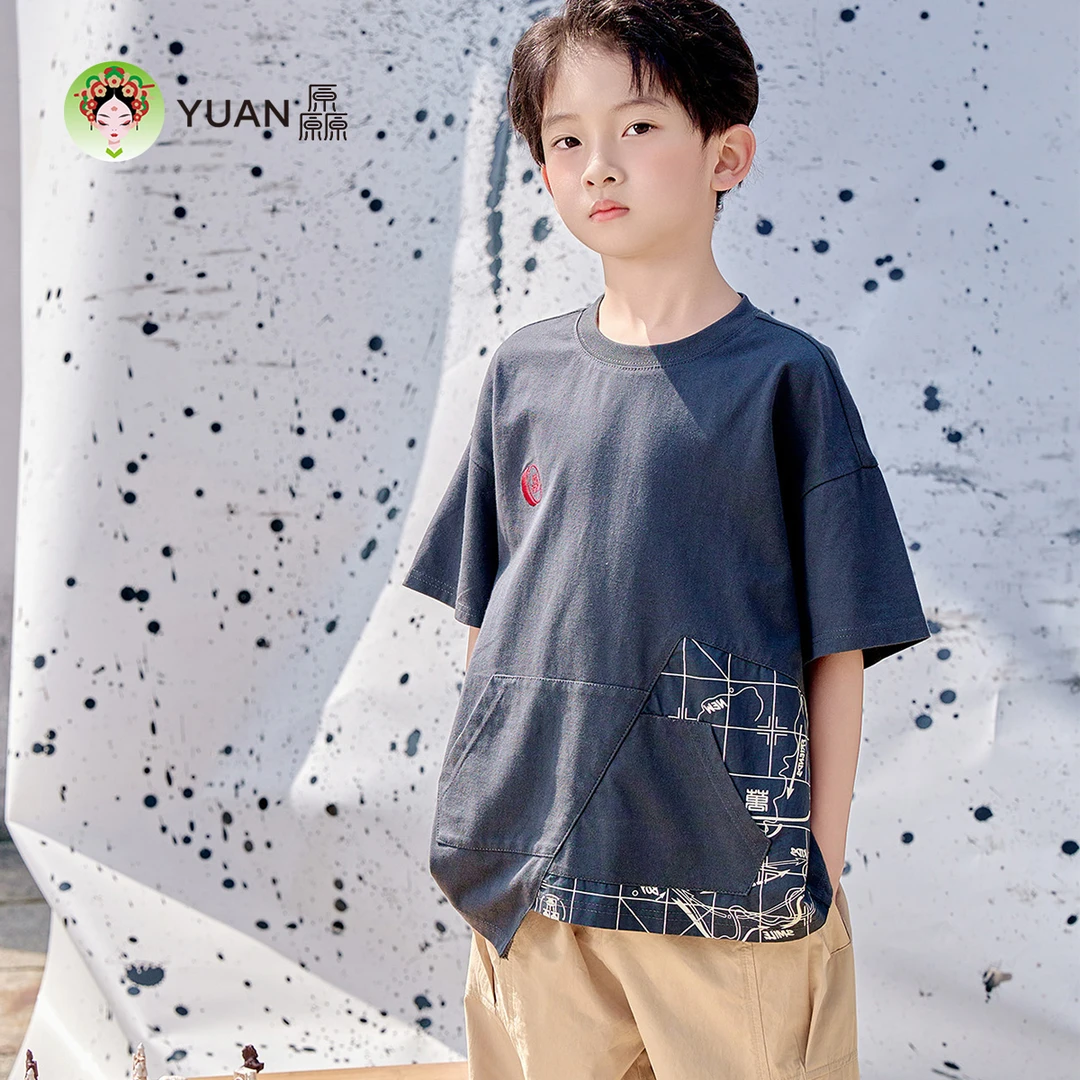 厵【个性短T】男童大印花2025夏季短袖T恤棉夏季中国风黑色透气吸汗