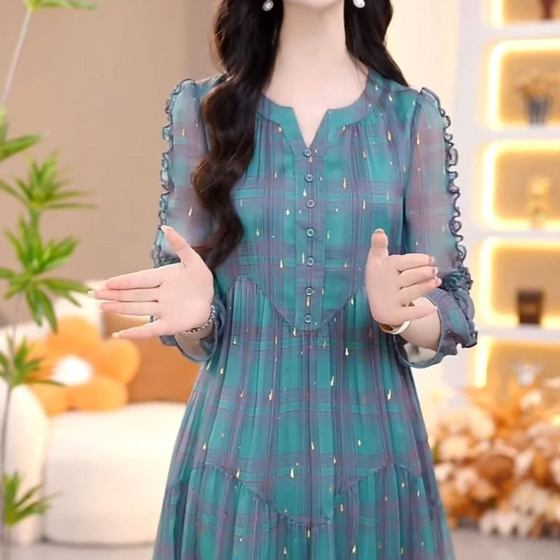 高档纯色芙蓉丝连衣裙女2025春季新款洋气修身遮肉显瘦中长款裙子