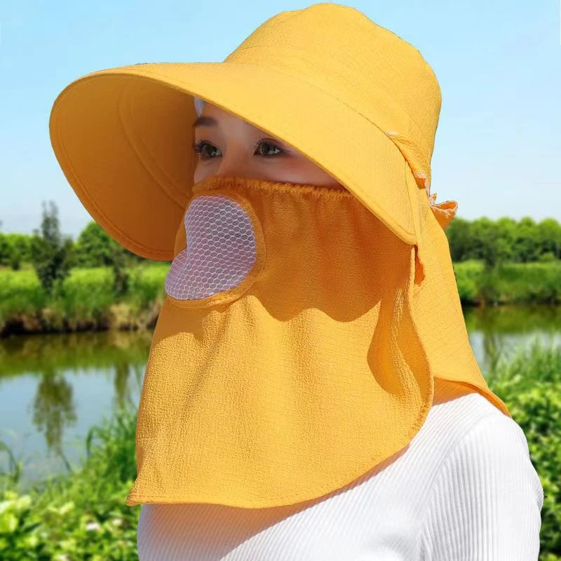 春夏季户外防晒帽采茶帽女士钓鱼帽纯色采茶帽遮脸口罩帽可卷便携