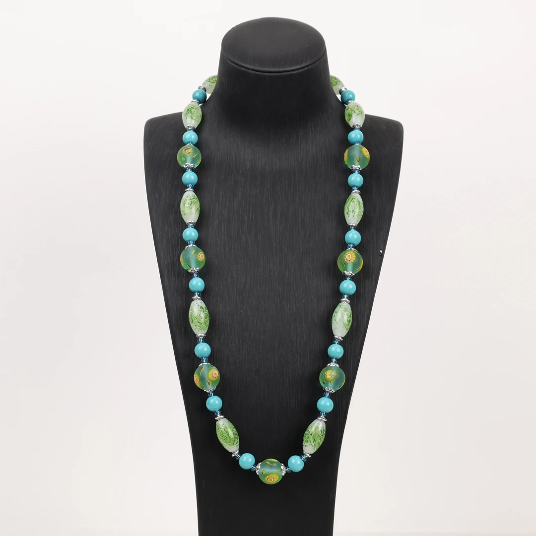 合金项链 LZ2268 莲子雪花凤尾蓝色磨砂凤眼松松色琉璃项链