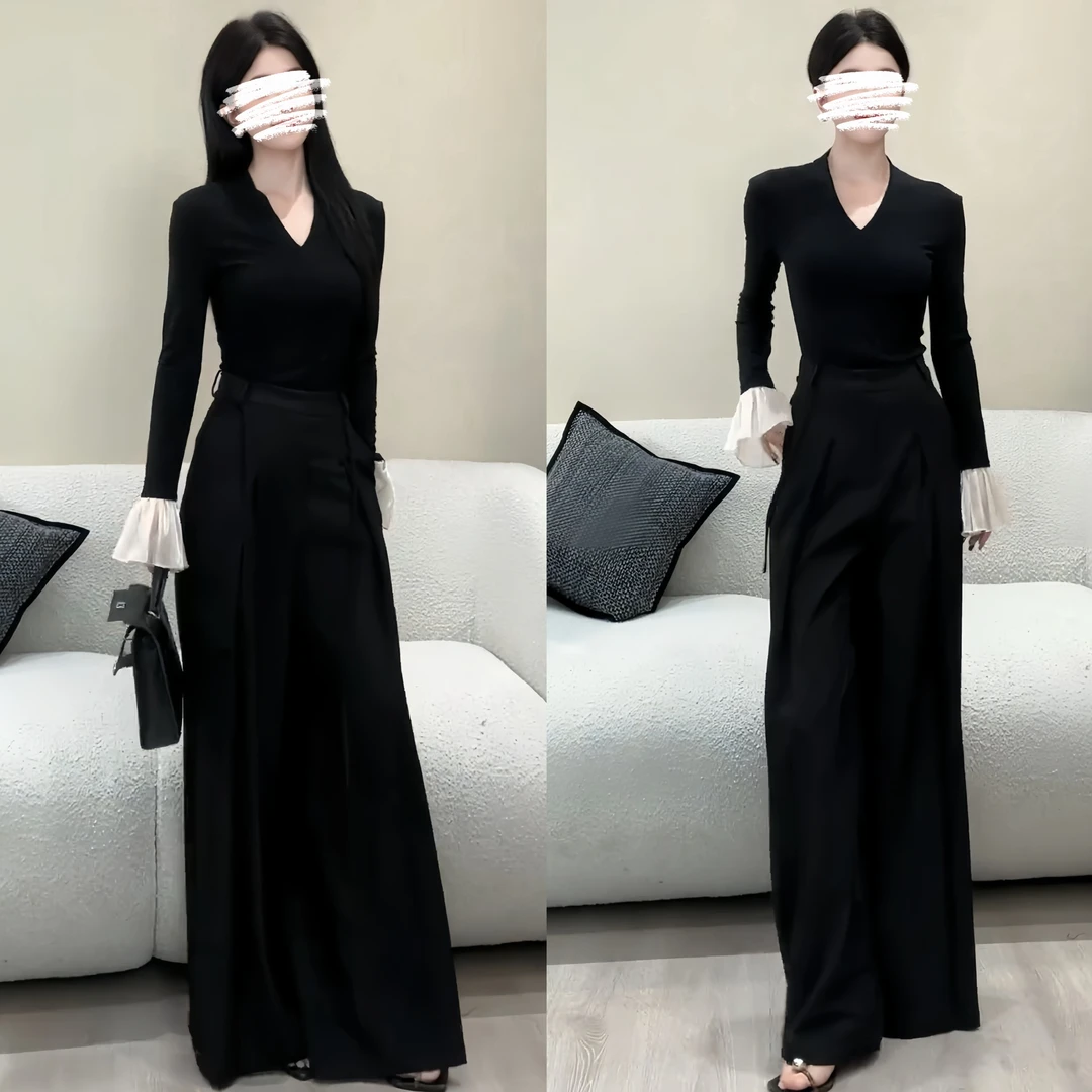 2025秋冬新款轻奢高级感拼接喇叭袖V领上衣高腰气质百搭西裤套装