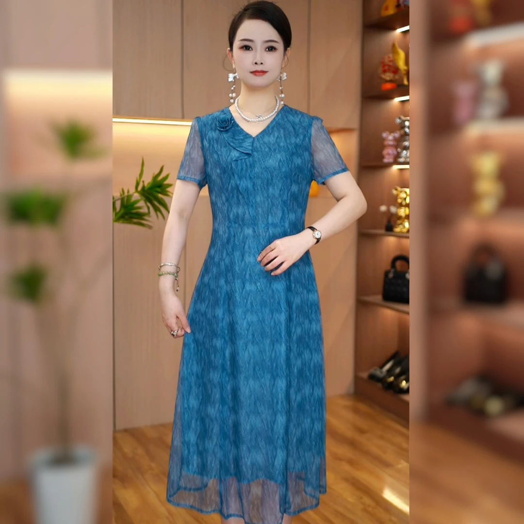 2025夏季新款短袖时尚妈妈装时尚洋气显瘦连衣裙优雅修身气质