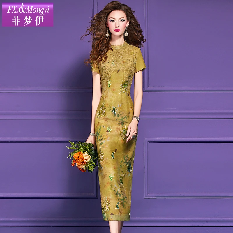 菲梦伊原创印花新中式连衣裙女夏装国风高端阔太太旗袍裙65030