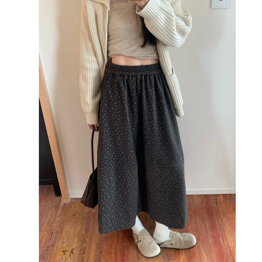 韩系碎花加厚呢子休闲半身裙女秋冬2025新款松紧腰百搭A字中长裙