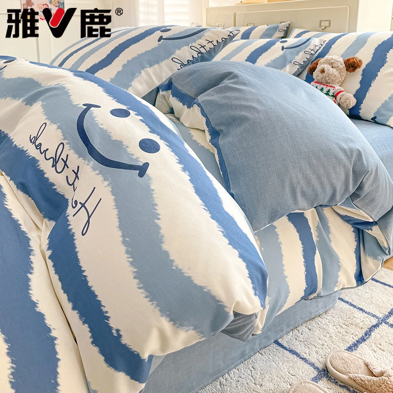 V/雅鹿纯棉四件套100%全棉加厚四季通用宿舍床单被套三件套床笠款