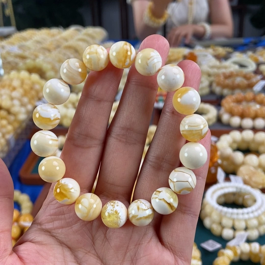 未镶嵌琥珀手链11金瓷白溶洞圆珠16.18