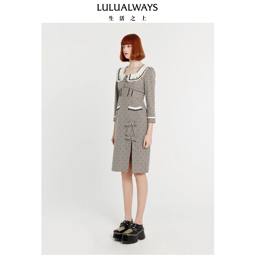 LULUALWAYS新款典雅开衩中长款格子连衣裙