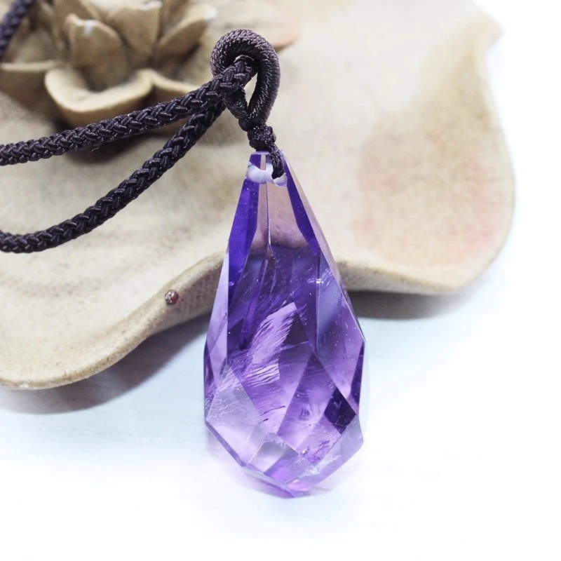 时玖天然水晶原石吊坠紫水晶水滴切面灵摆挂件男女情侣项链饰品礼