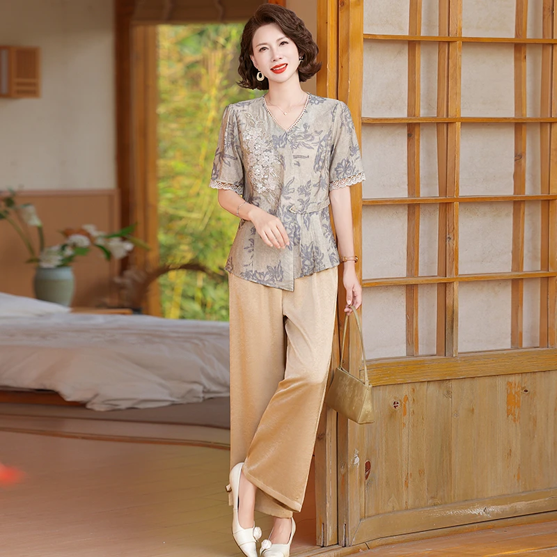 妈妈夏装短袖t恤国风套装2025新款中老年女夏季贵夫人上衣两件套