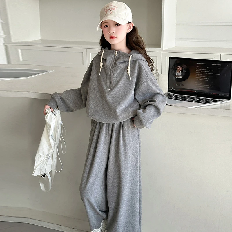 女童春季套装2025新款洋气时尚蕾丝花边灰色两件套6-12岁中大童潮