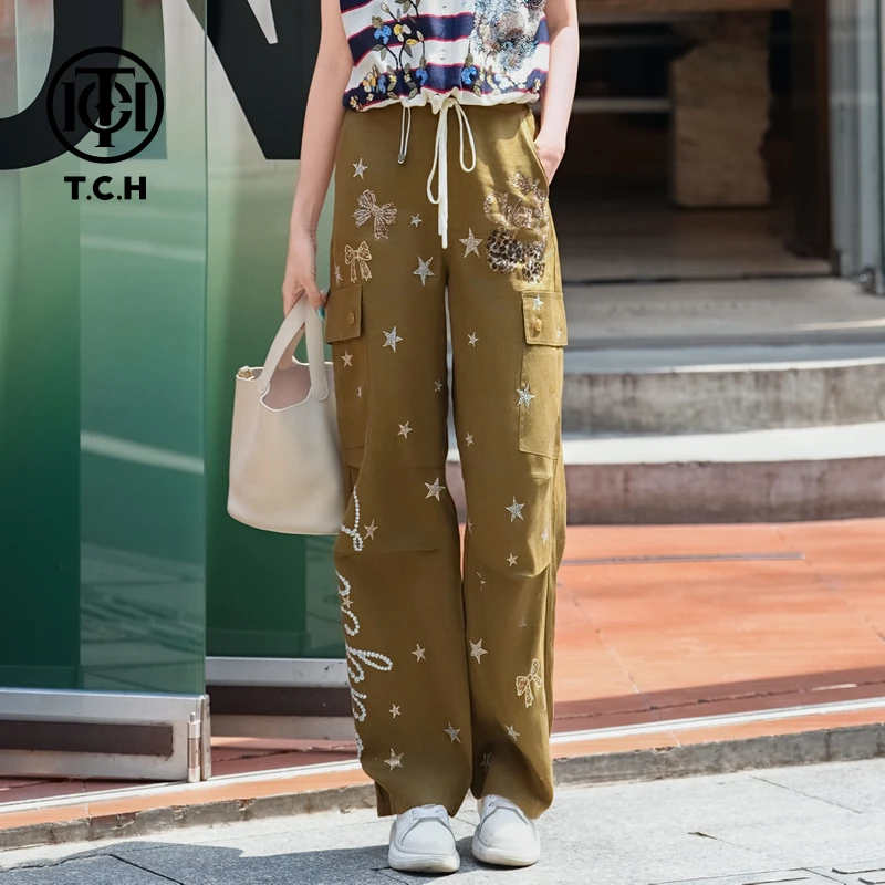 TCH私服烫钻工艺新时尚淑女百搭新潮流长裤女T75B20E5163轻奢tch