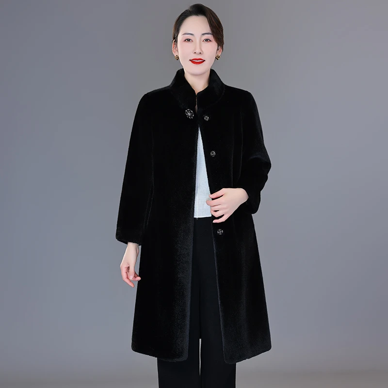 高端长款纯色一体大衣2024冬季新款加厚保暖中老年气质高贵款外套