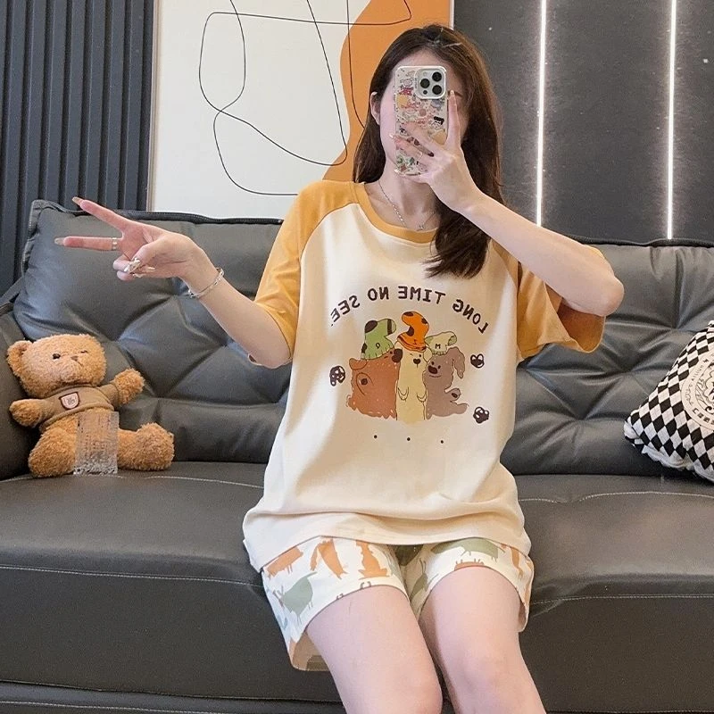 网红夏季圆领夏天短袖少女仿棉可爱短裤家居服女睡衣套装