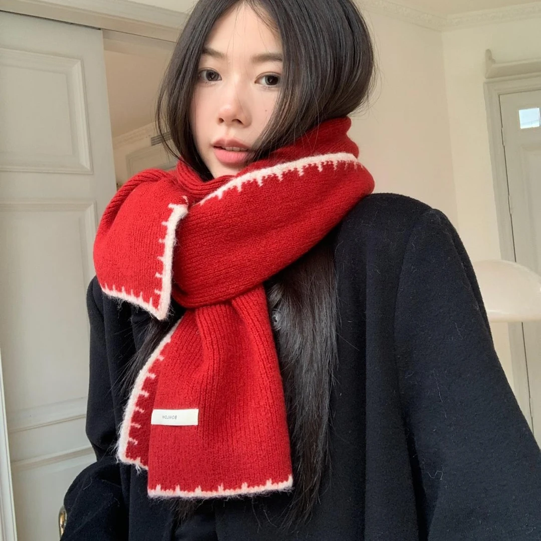 雪夜圣诞红~小香风超软羊毛混纺围巾重工锁边工艺百搭情侣款围脖