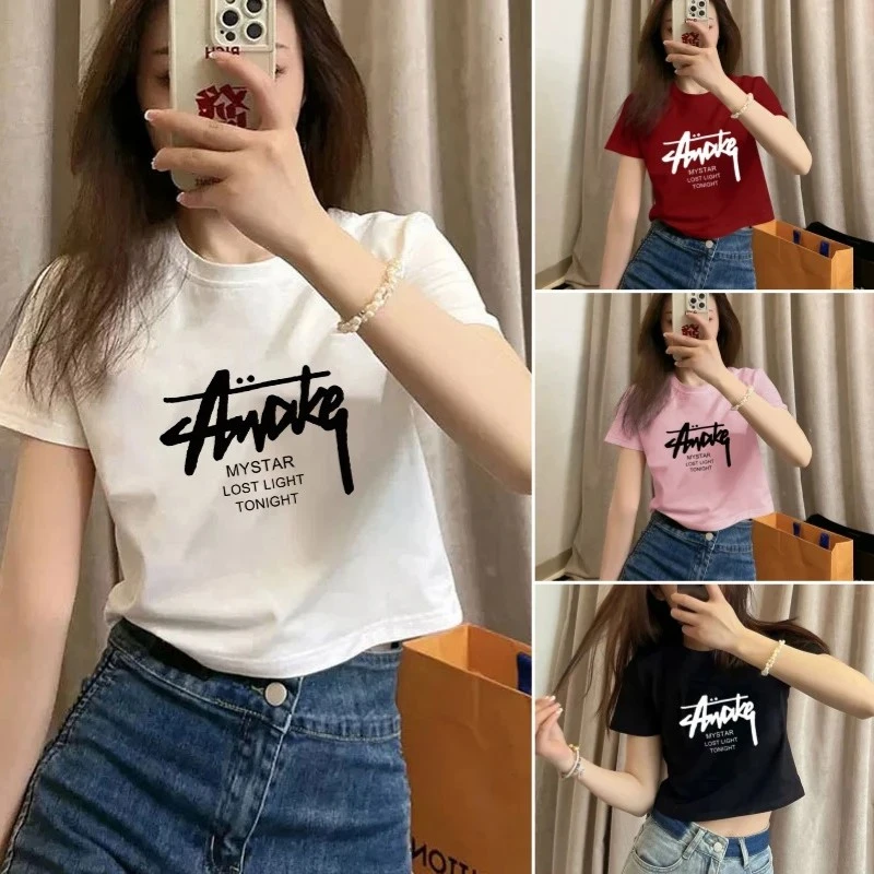 2025正肩短款棉T恤女夏季短袖宽松上衣高腰百搭显瘦体t恤ins小众