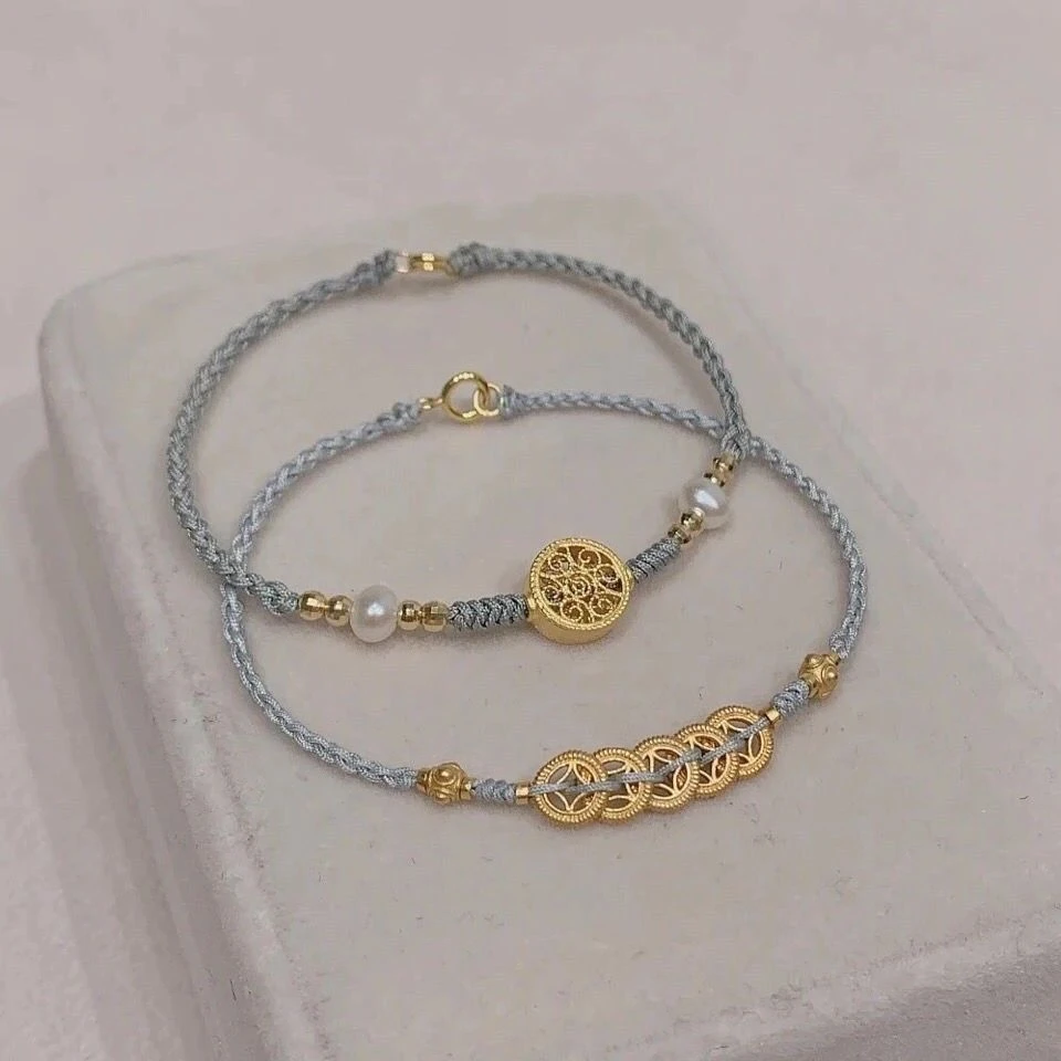 2025中国风五帝钱情侣手绳闺蜜红绳编织好运珠手饰简约时尚礼物