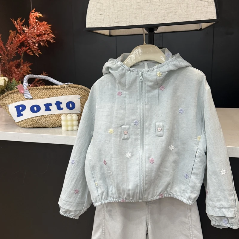 【现货】leomama童装女童夏季薄款连帽防晒空调衫外套小花刺绣开衫