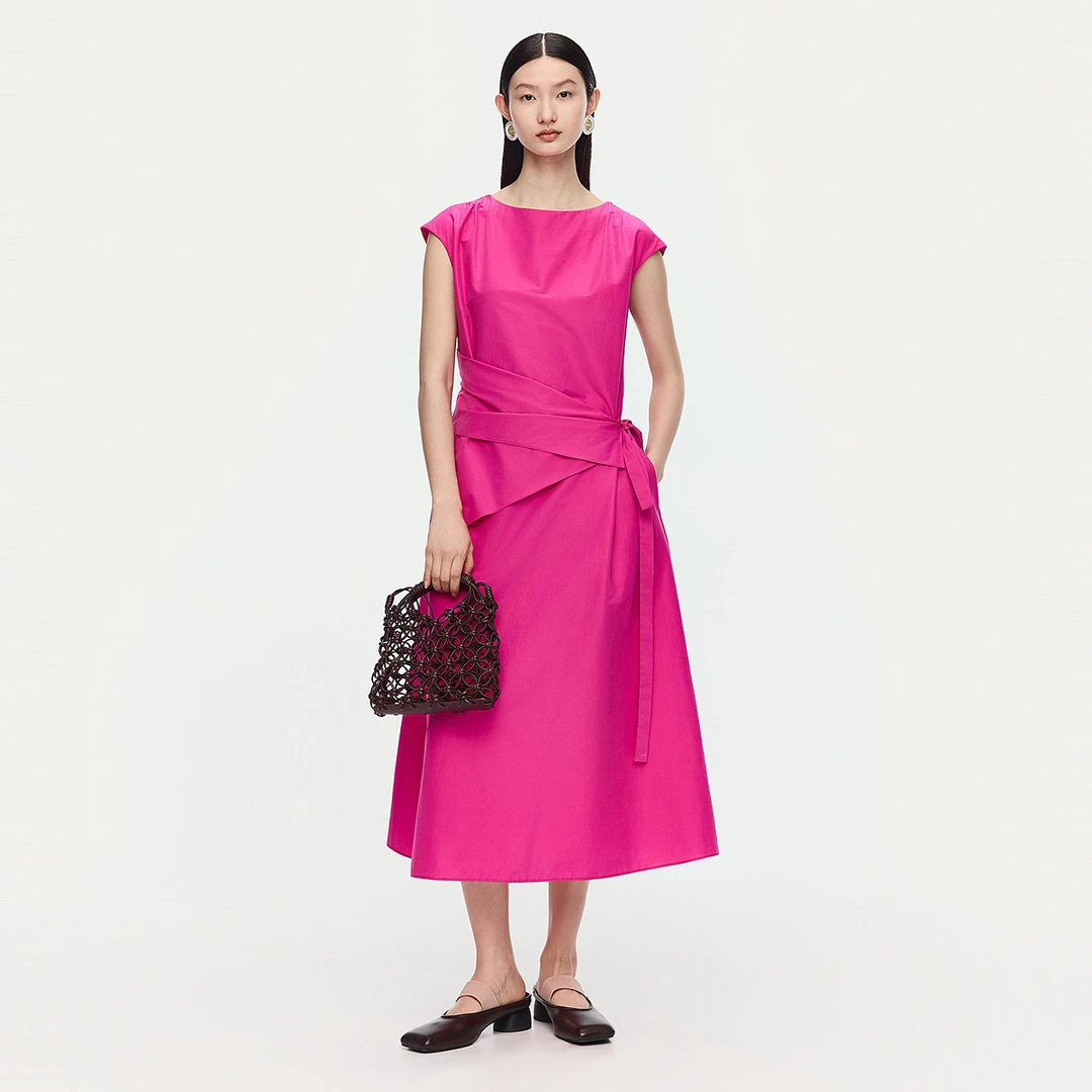 【晨晨甄选】AUM梅红色涤棉府绸圆领盖袖中长A字日常休闲连衣裙