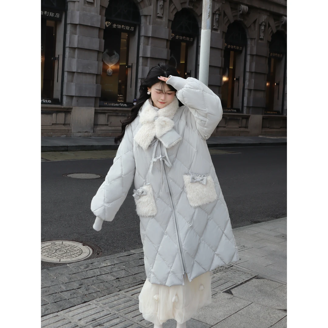 Blovelan【现货】星雪初霁 菱格拉链90白鸭绒围脖灰色保暖羽绒服冬