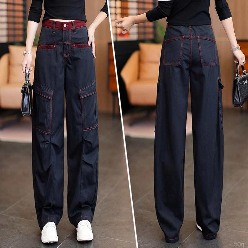 设计感爆款撞色小个子九分新款秋冬季加绒工装女直筒阔腿裤弯刀裤