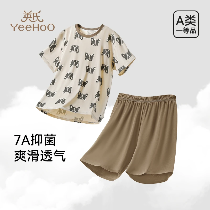 英氏青少年睡衣2025年新款春夏季男孩短袖短裤中大童薄款家居服