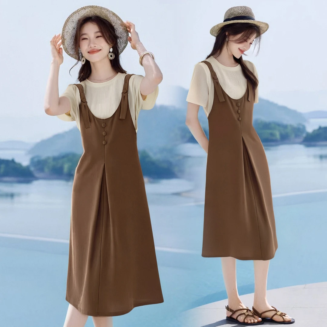 休闲时尚背带裙套装女2025夏季新款简约百搭洋气减龄连衣裙两件套