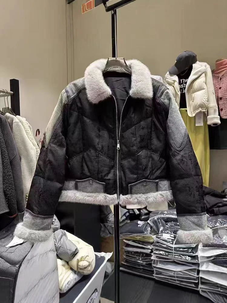 【代莹优选】81370 冬季新款保暖夹克外套毛毛领拼接牛仔羽绒服女