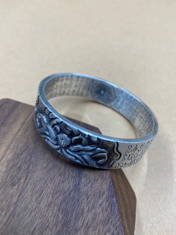 足银手镯 足银999莲花心经复古个性手镯纯手工定制不退换