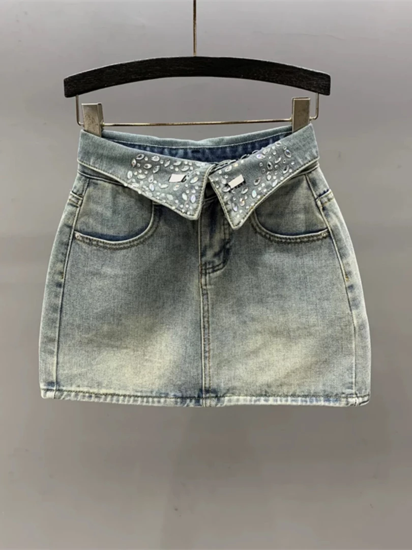 【葡萄家】大码设计感翻边镶钻轻奢牛仔短裙高腰a字包臀半身裙