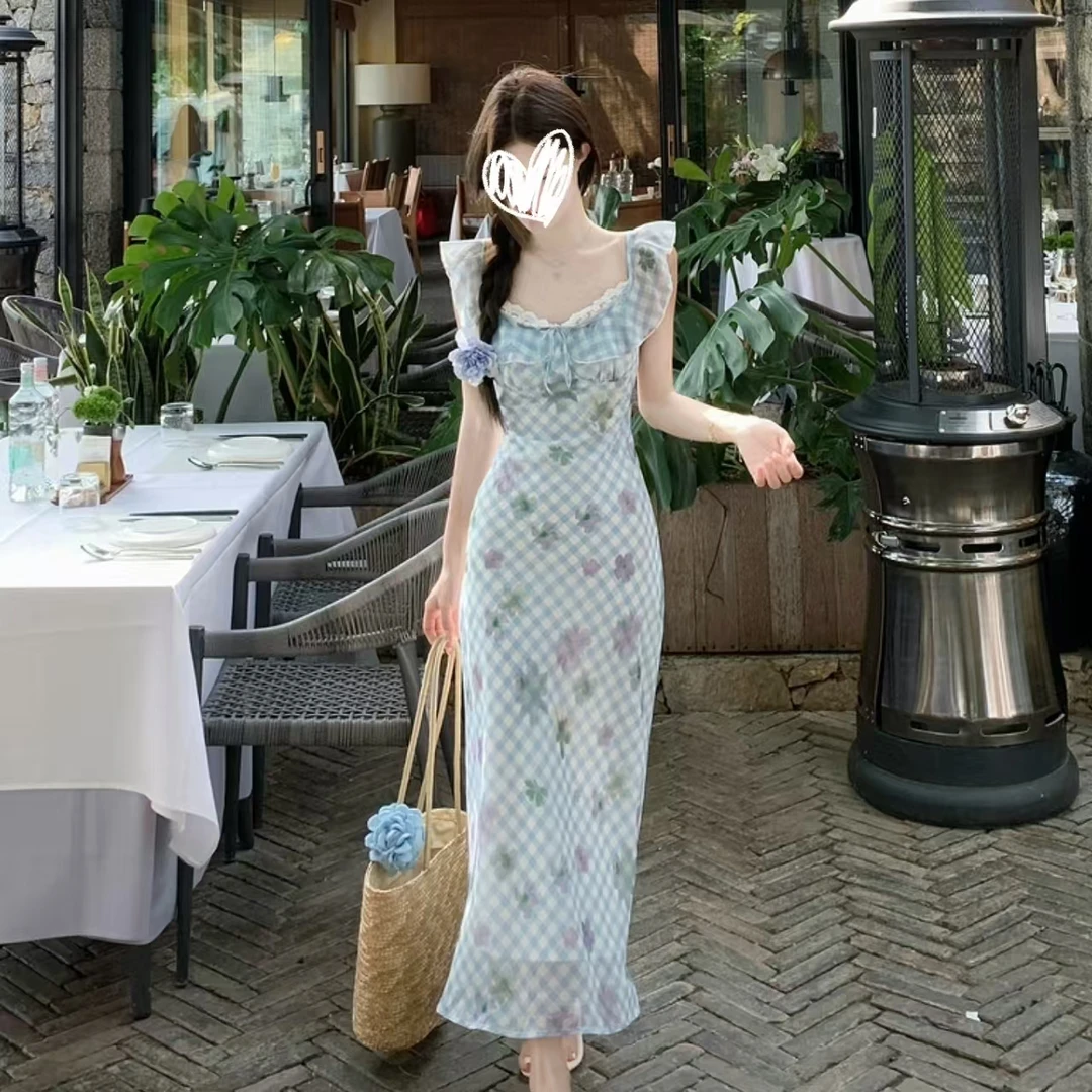 【Blue kiss~ 】格纹吊带连衣裙女新款法式少女感收腰短裙86199