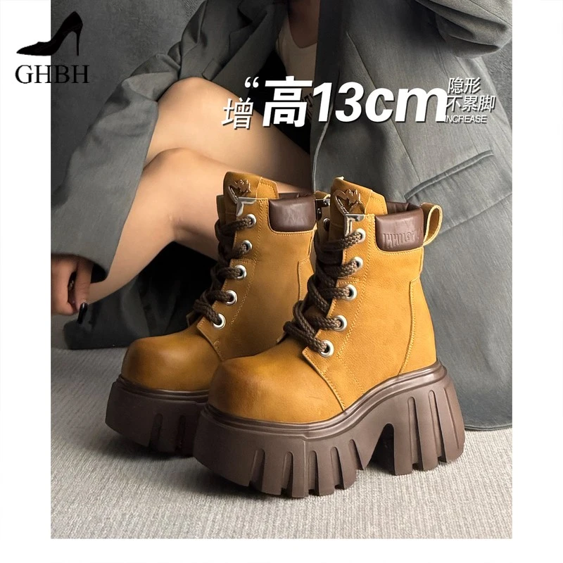 年秋季新款隐形内增高女鞋厚底小个子矮子乐皮带扣马丁靴