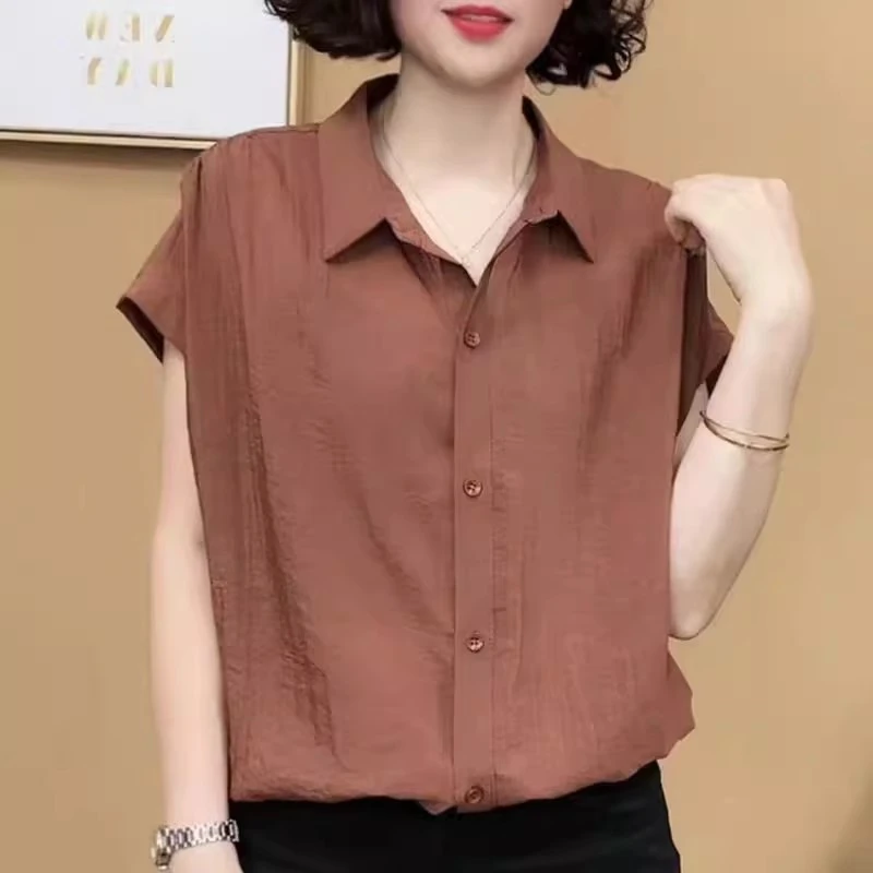 短袖纽扣短款淑女宽松冰丝麻衬衫时尚韩版可露丽风