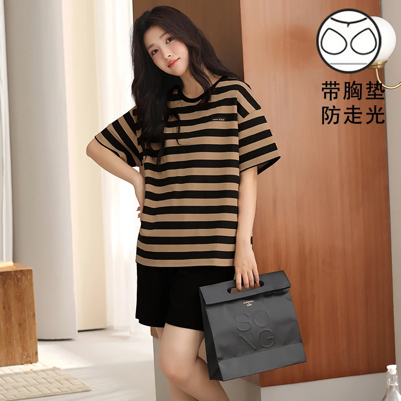 自带胸垫睡衣女士可外穿免穿文胸夏季纯棉薄款甜美短袖短裤家居服