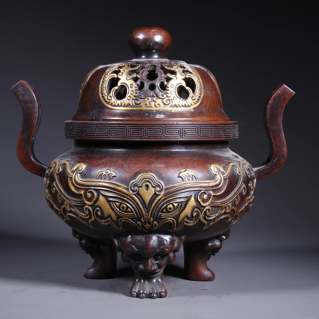 清代 紫铜鎏真金高浮雕饕餮纹朝冠耳炉香炉 W 89196 毕